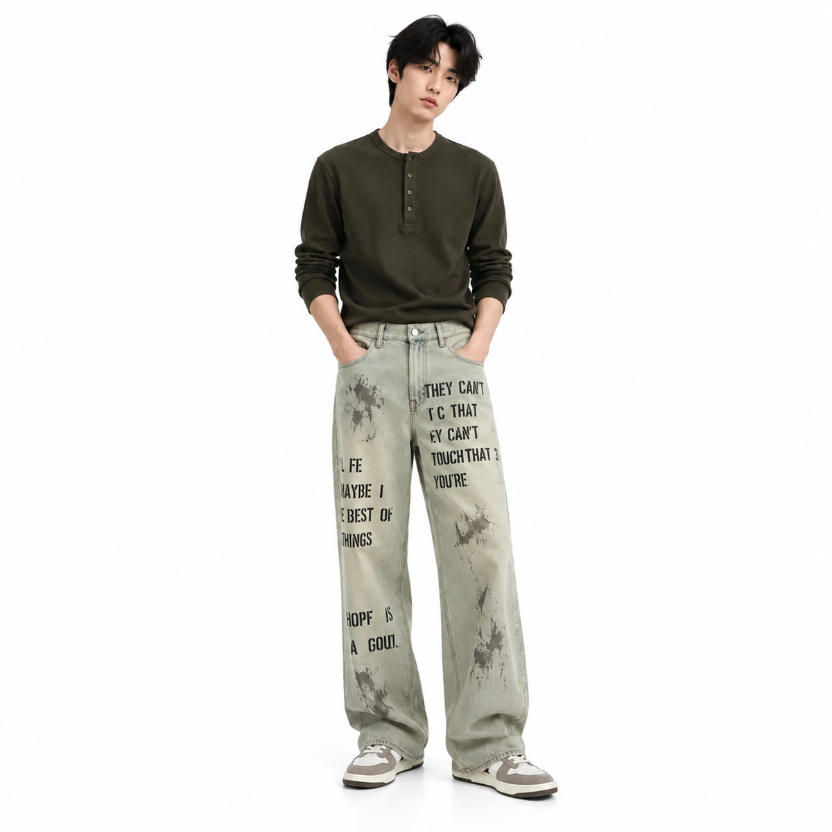 Men's Light Grey Graphic Printed Baggy Jeans
