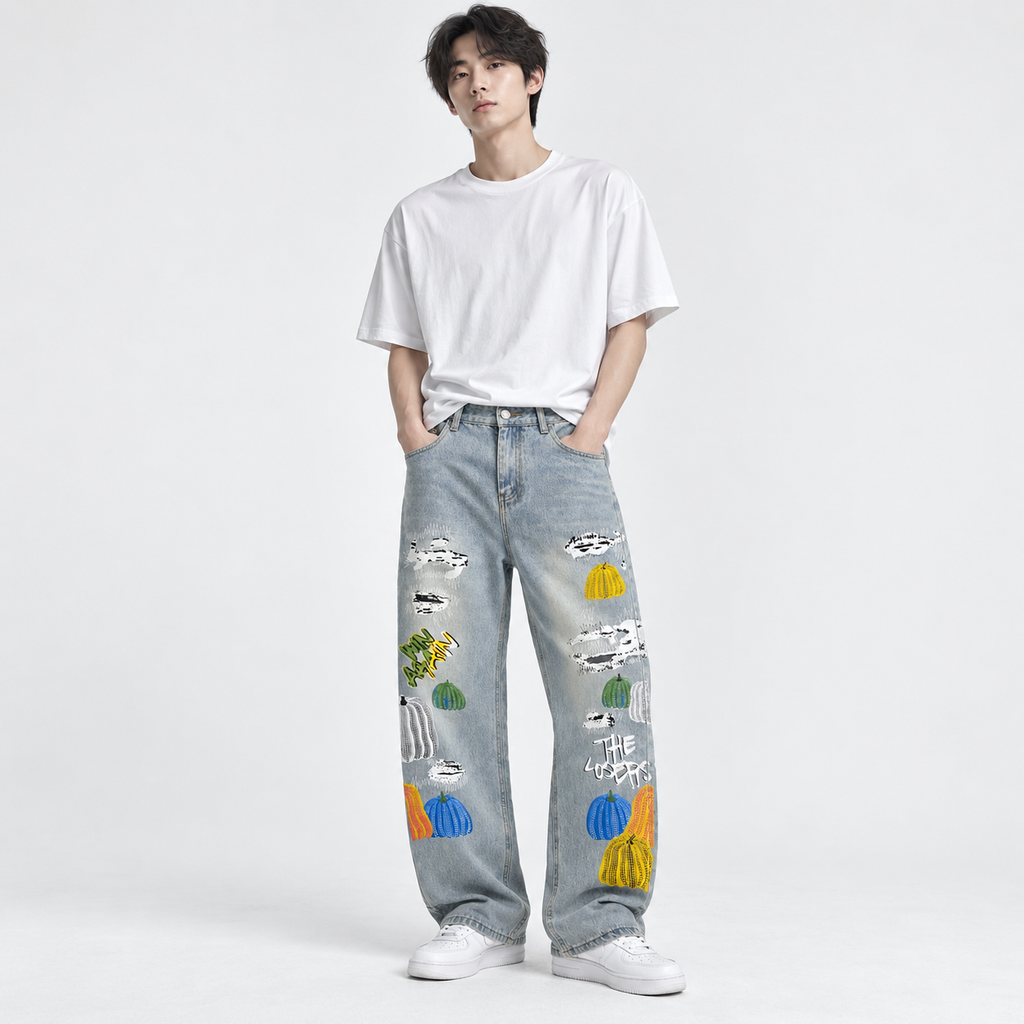 Men's Printed Baggy Fit Jeans – Light Blue