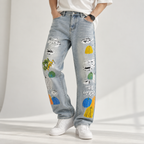 Men's Printed Baggy Fit Jeans – Light Blue