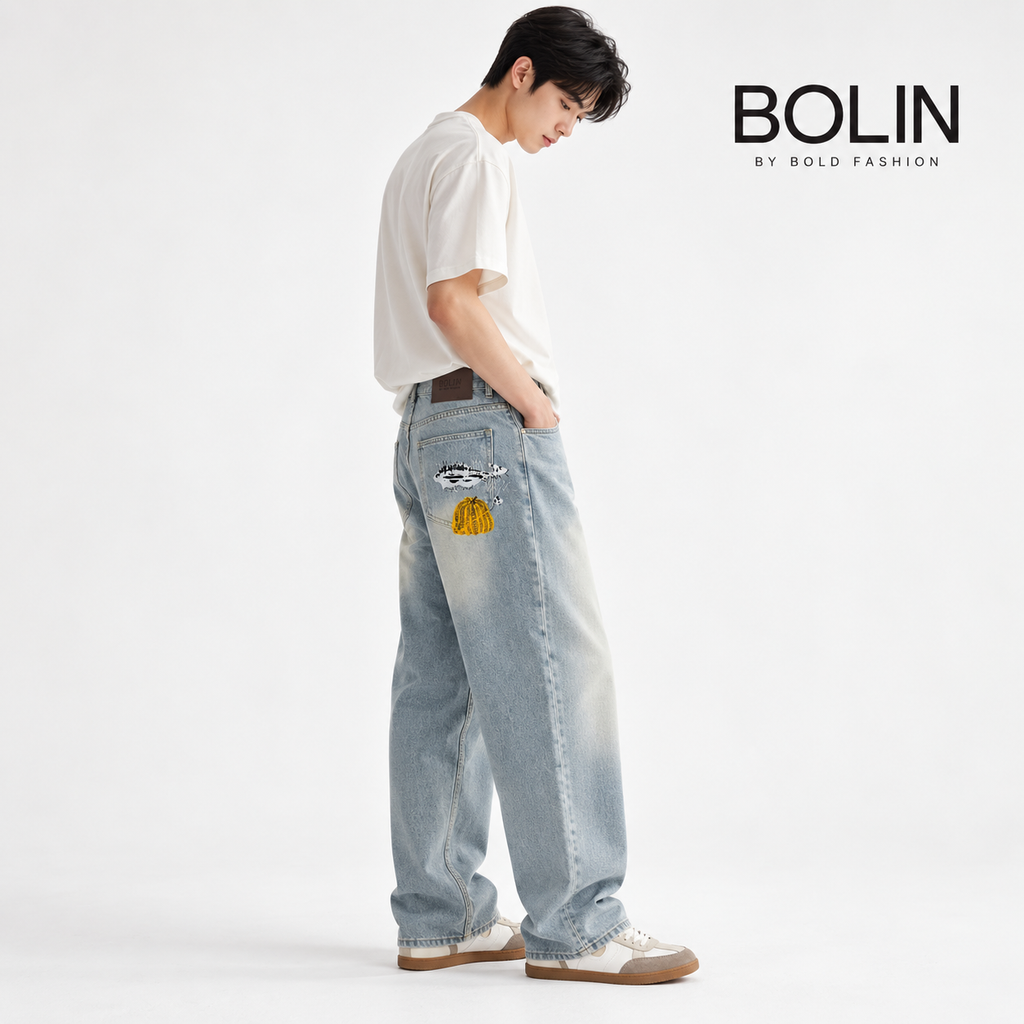Men's Printed Baggy Fit Jeans – Light Blue