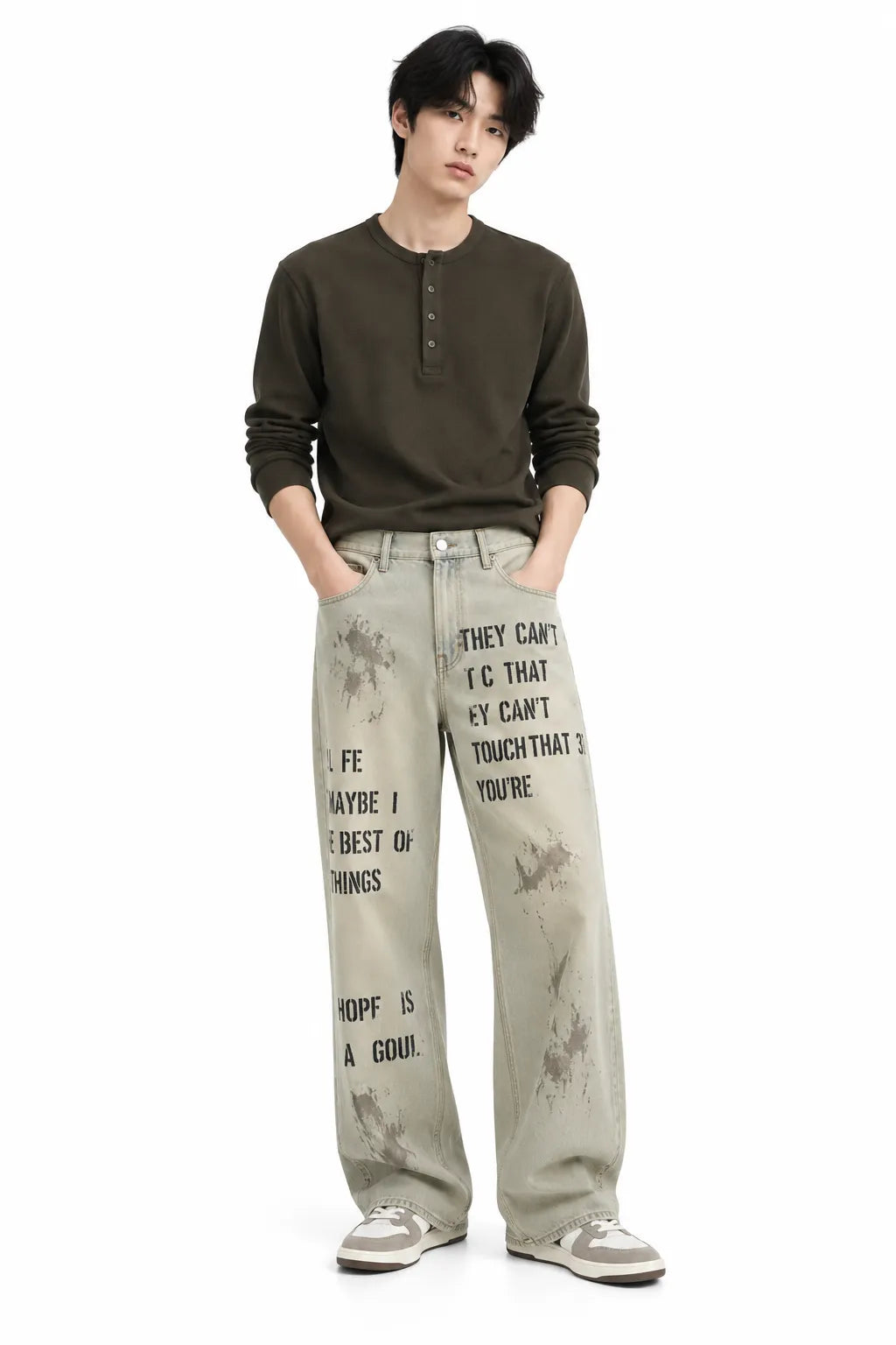 Men's Light Grey Graphic Printed Baggy Jeans