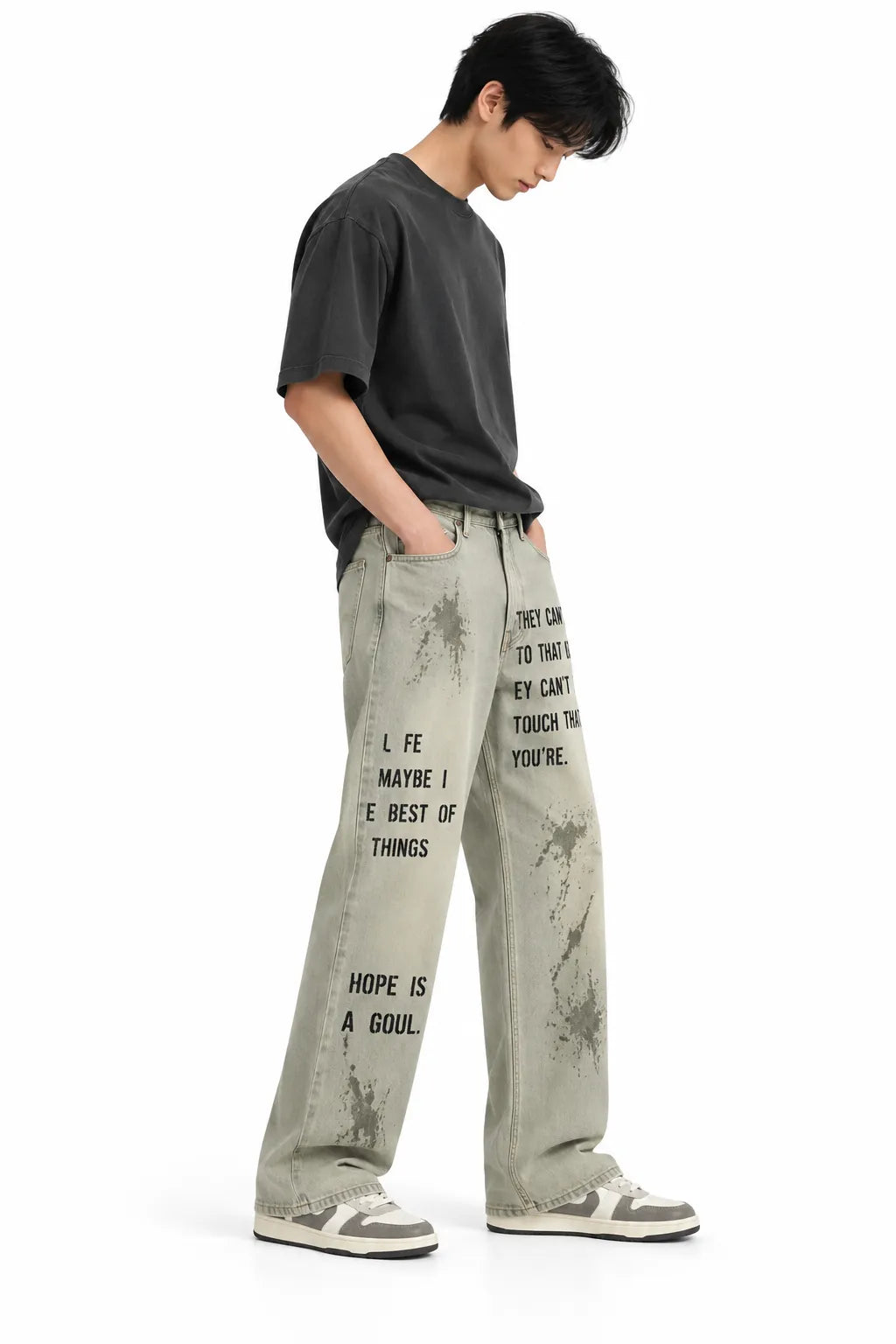 Men's Light Grey Graphic Printed Baggy Jeans
