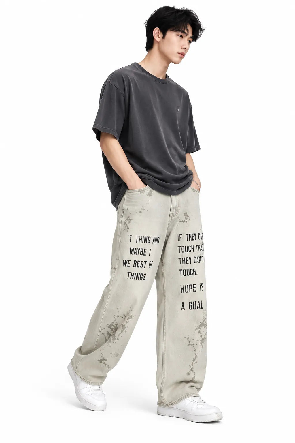 Men's Light Grey Graphic Printed Baggy Jeans