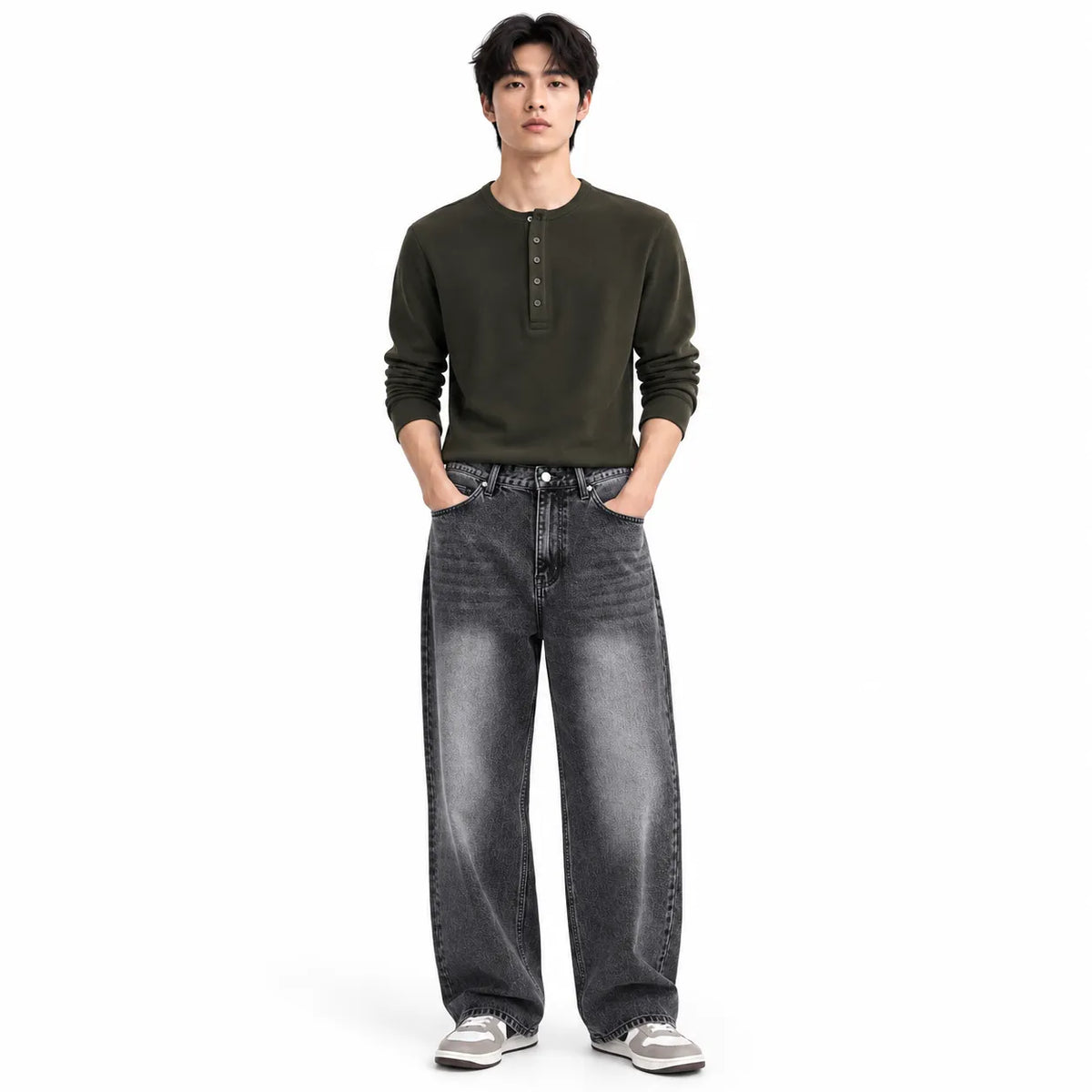 Charcoal Grey Washed Straight-Fit Jeans
