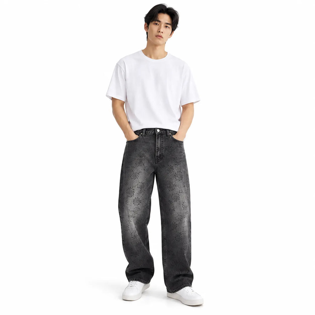 Men's Black Printed Baggy Fit Jeans