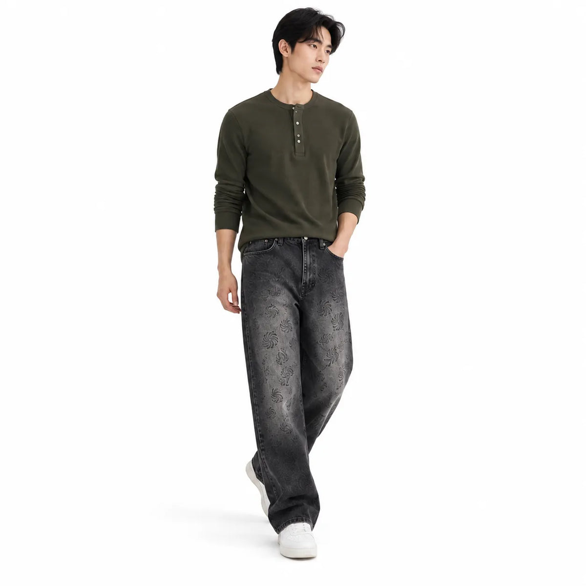 Men's Black Printed Baggy Fit Jeans