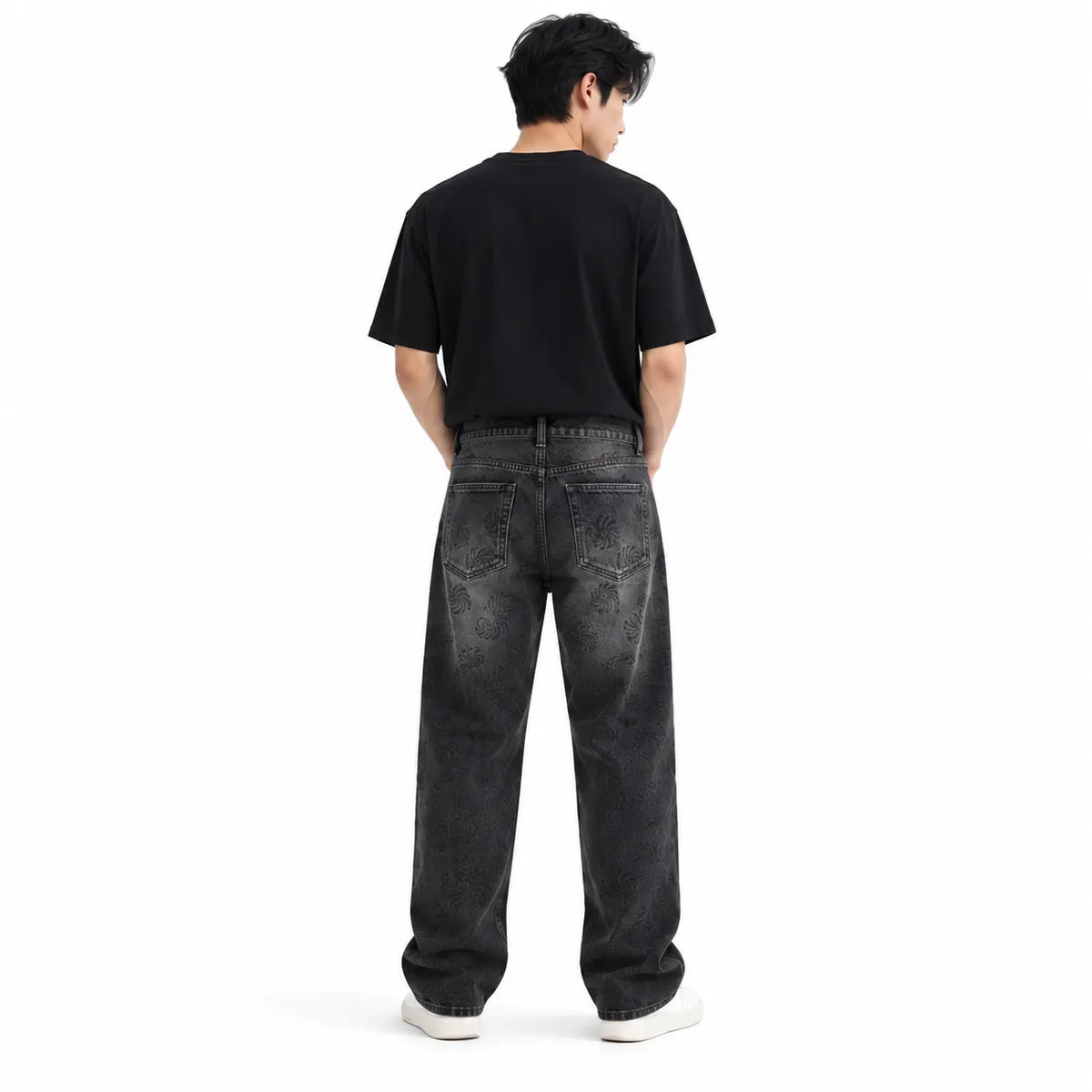 Men's Black Printed Baggy Fit Jeans