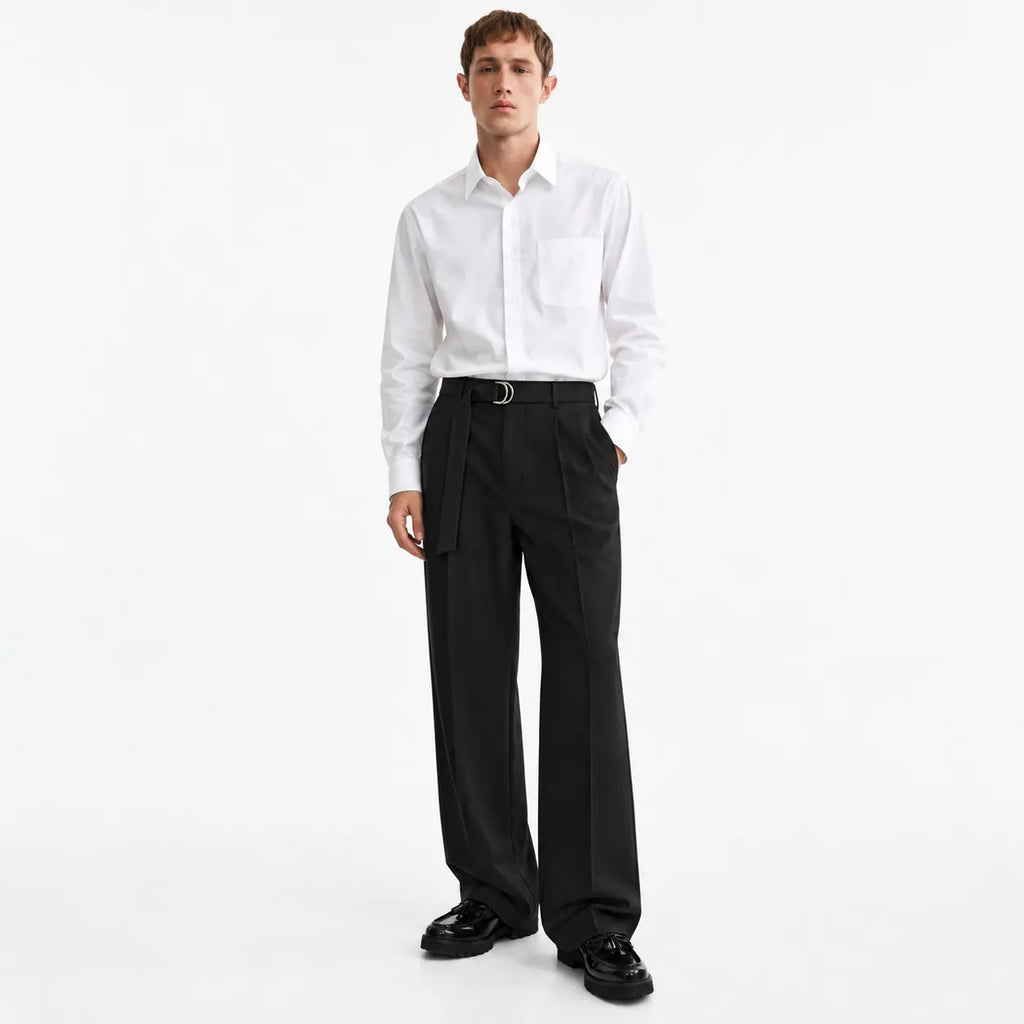 Men's Black Wide-Leg Belted Trousers
