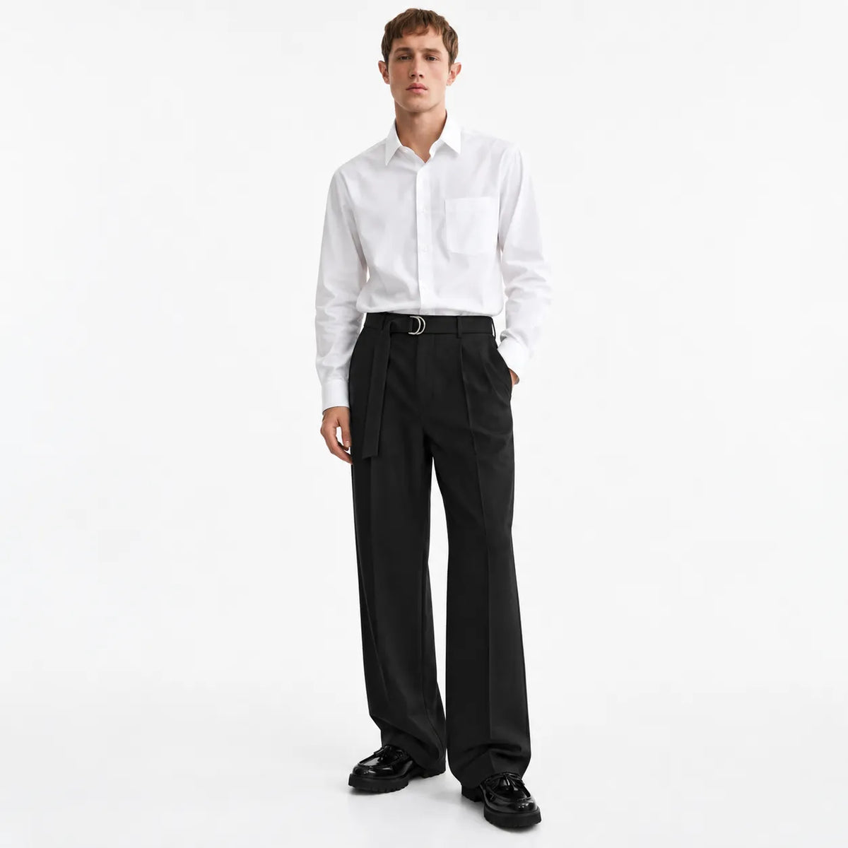 Men's Black Wide-Leg Belted Trousers