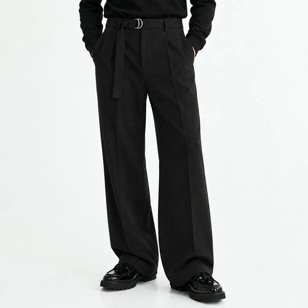 Men's Black Wide-Leg Belted Trousers