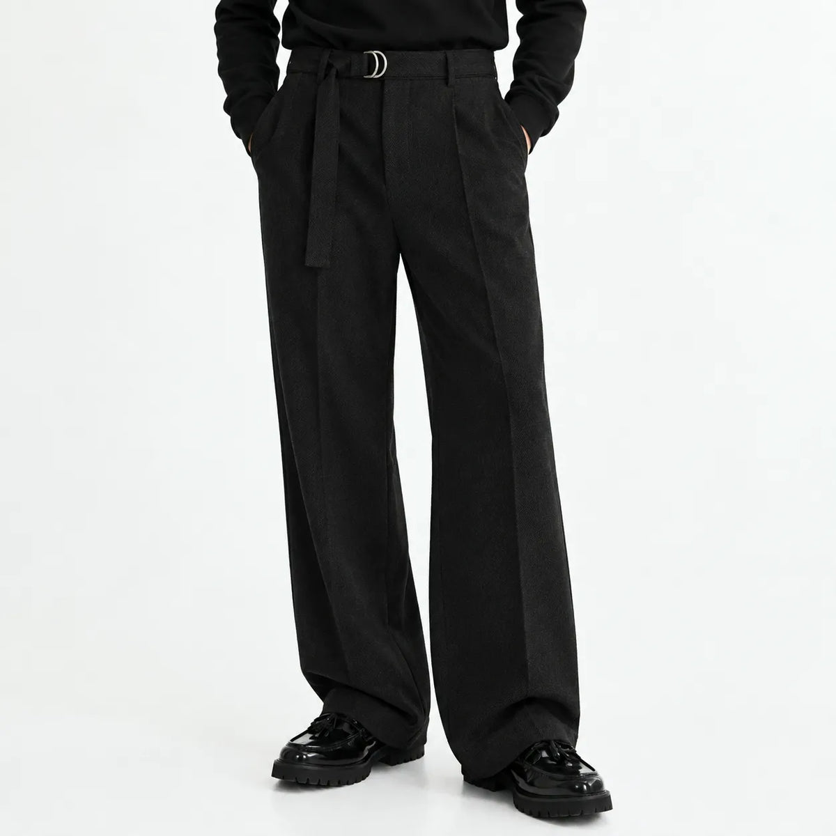 Men's Black Wide-Leg Belted Trousers