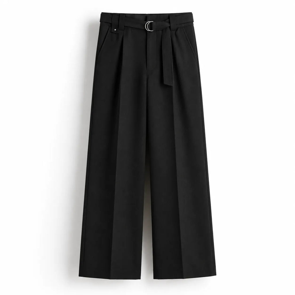 Men's Black Wide-Leg Belted Trousers