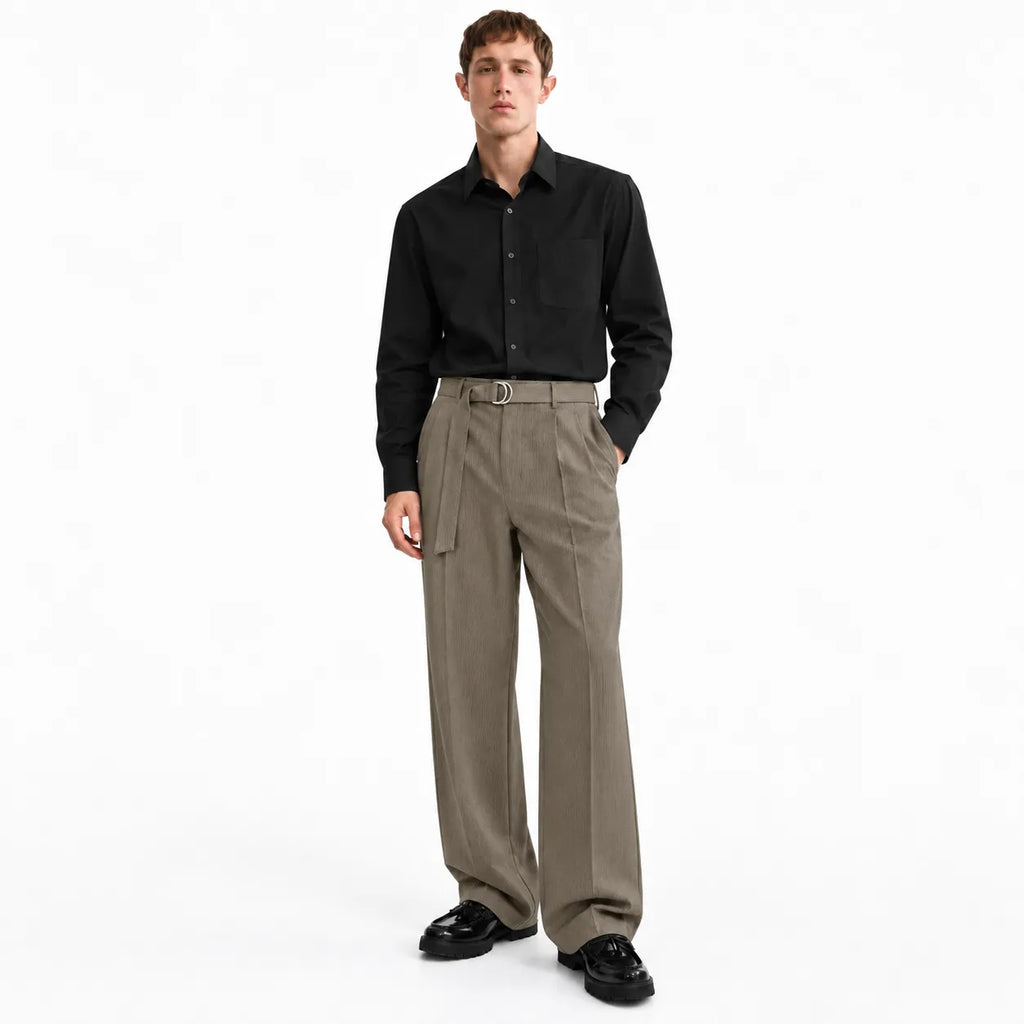 Men's Beige Wide-Leg Belted Trousers
