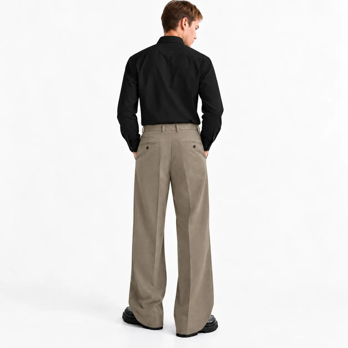 Men's Beige Wide-Leg Belted Trousers