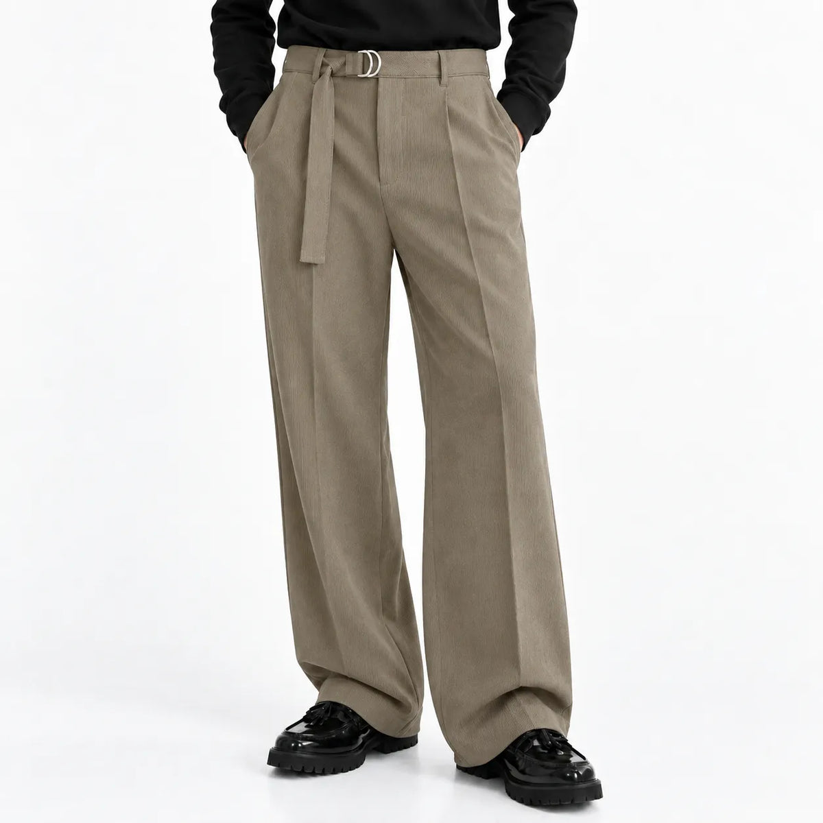 Men's Beige Wide-Leg Belted Trousers