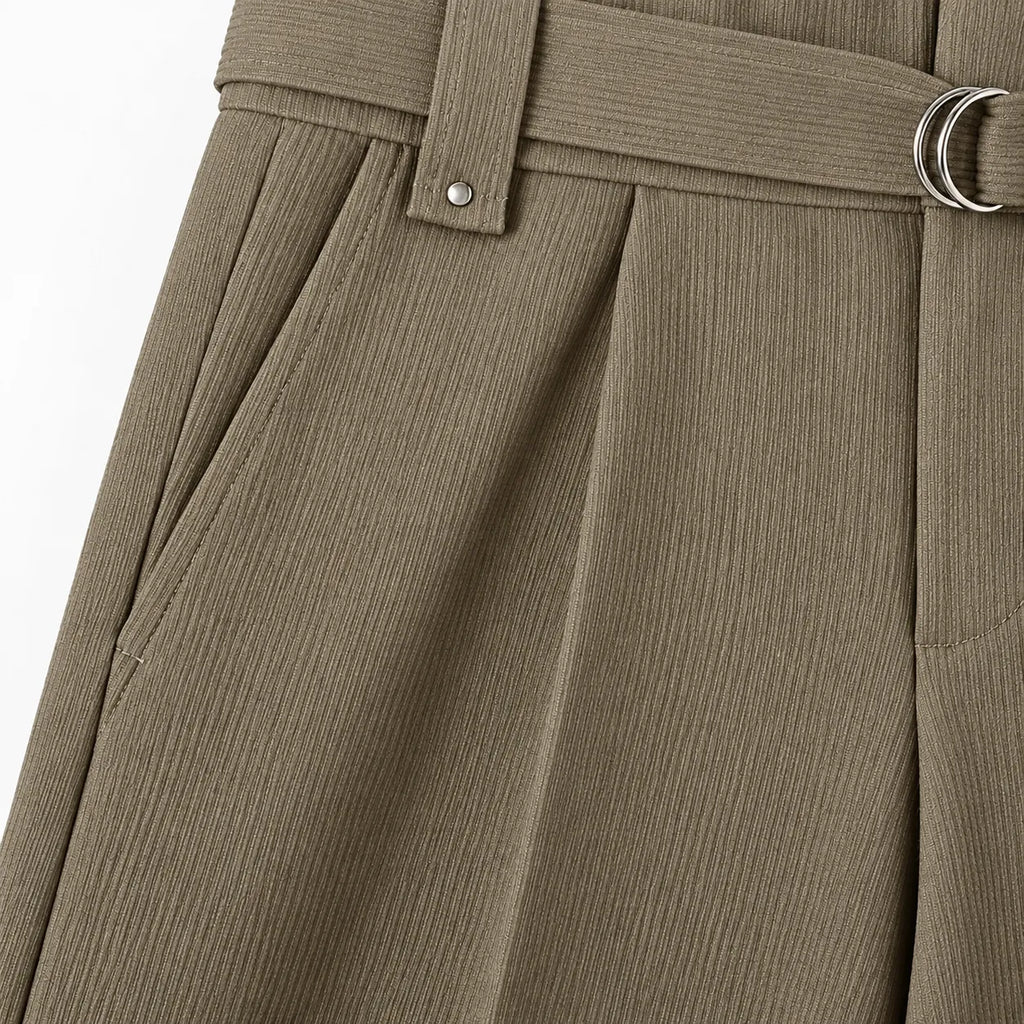 Men's Beige Wide-Leg Belted Trousers