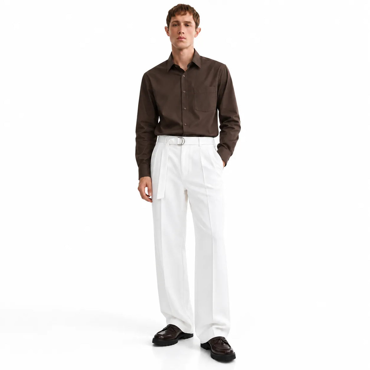 Men's Beige Wide-Leg Belted Trousers