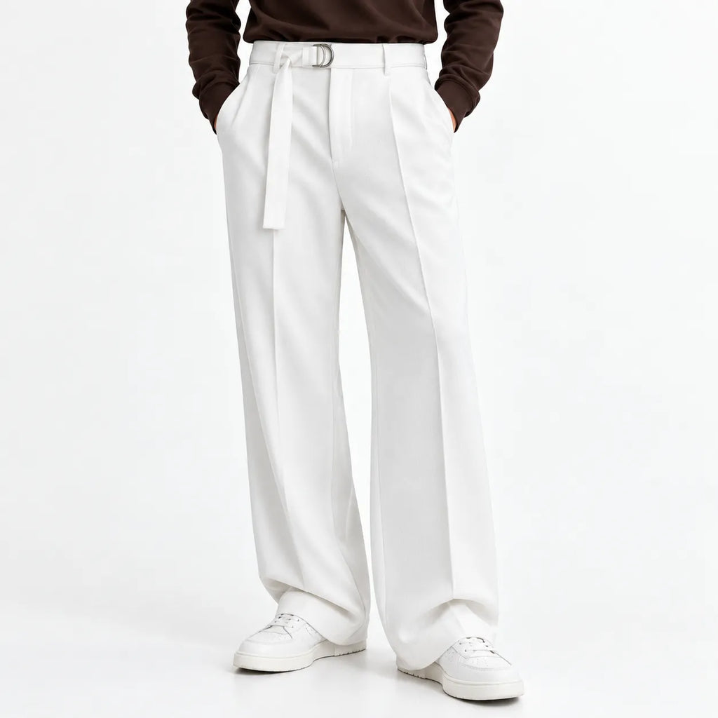 Men's Beige Wide-Leg Belted Trousers