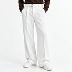 Men's Beige Wide-Leg Belted Trousers