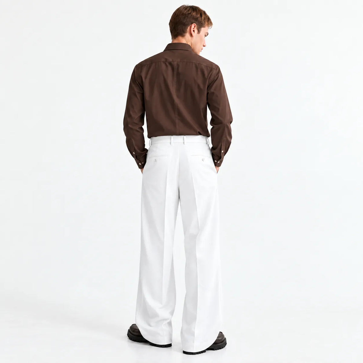 Men's Beige Wide-Leg Belted Trousers