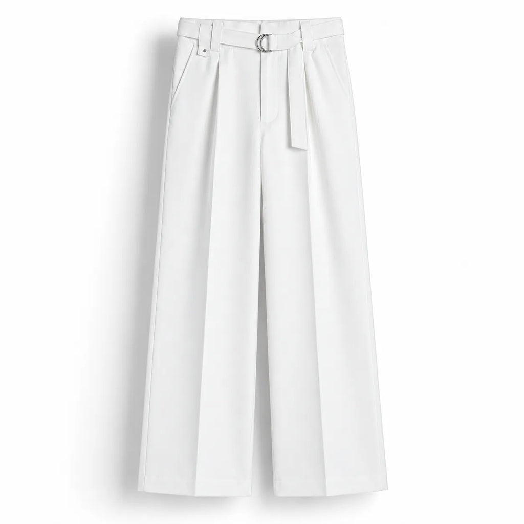 Men's Beige Wide-Leg Belted Trousers