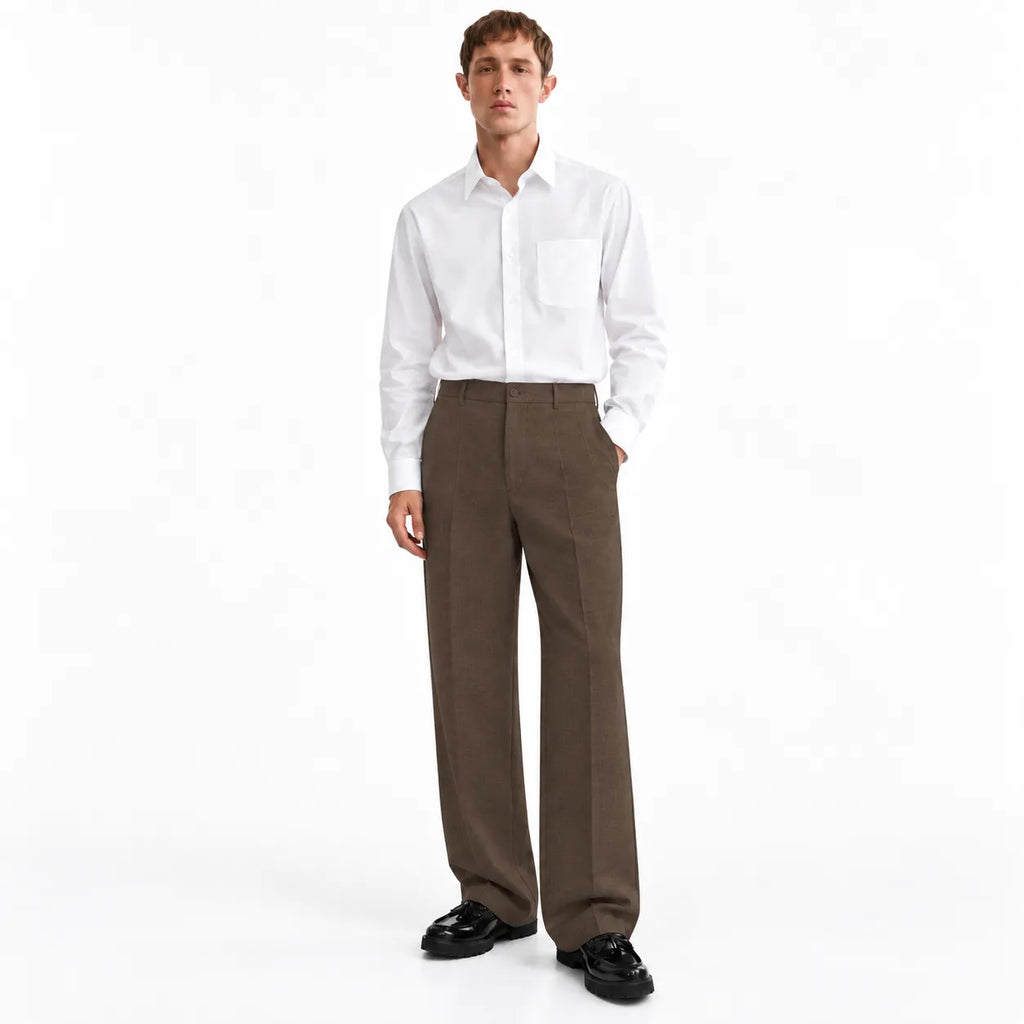 Men's Brown Wide-Leg Pleated Trousers
