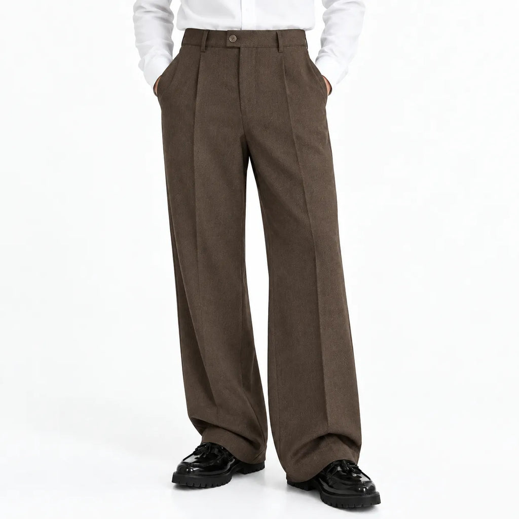 Men's Brown Wide-Leg Pleated Trousers