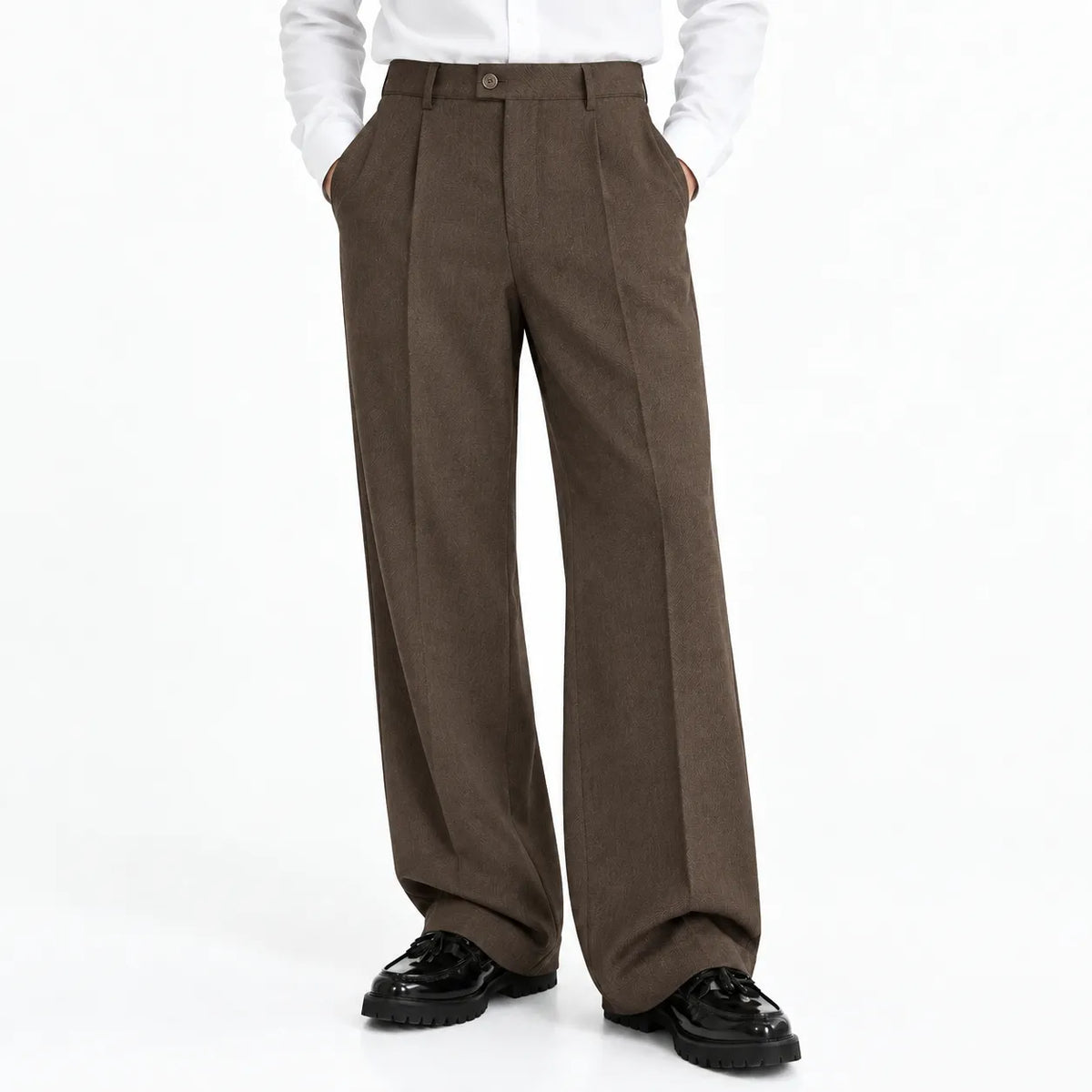 Men's Brown Wide-Leg Pleated Trousers