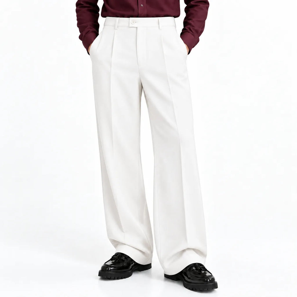 Men's White Wide-Leg Pleated Trousers