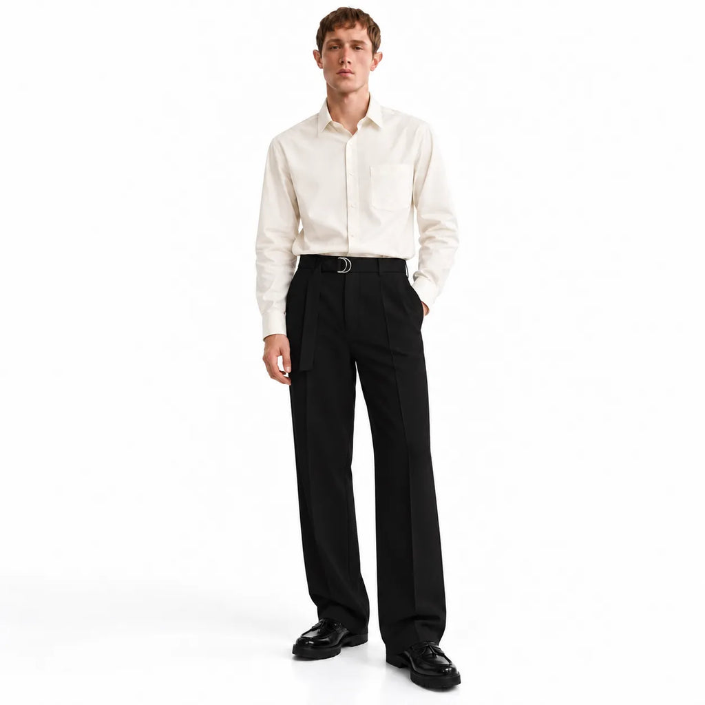 Men's Black Wide-Leg Belted Trousers