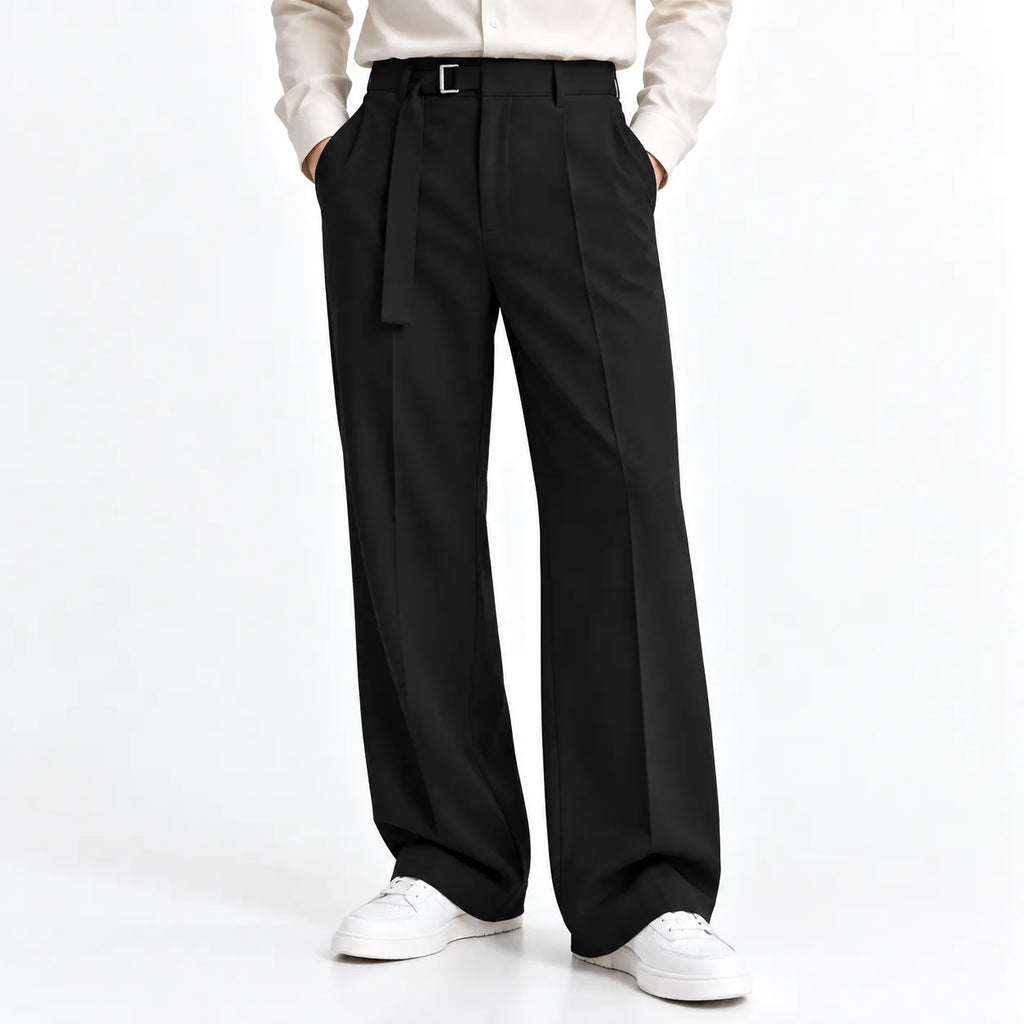 Men's Black Wide-Leg Belted Trousers