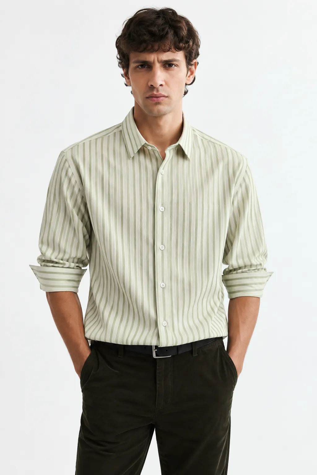 Sage Green Striped Modern Fit Shirt