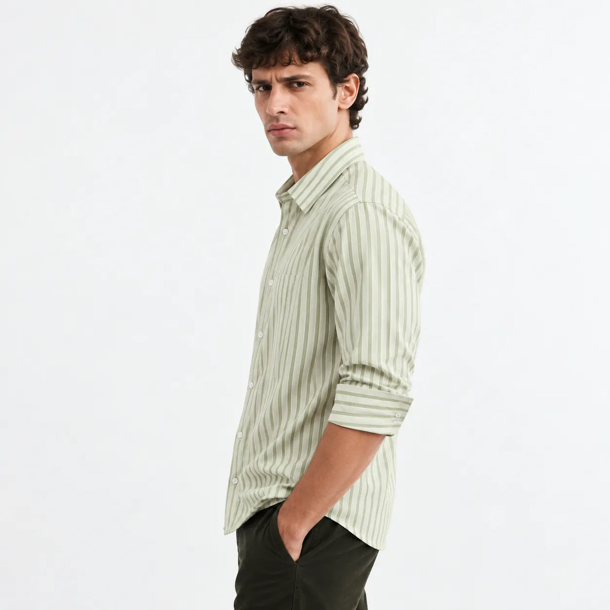 Sage Green Striped Modern Fit Shirt