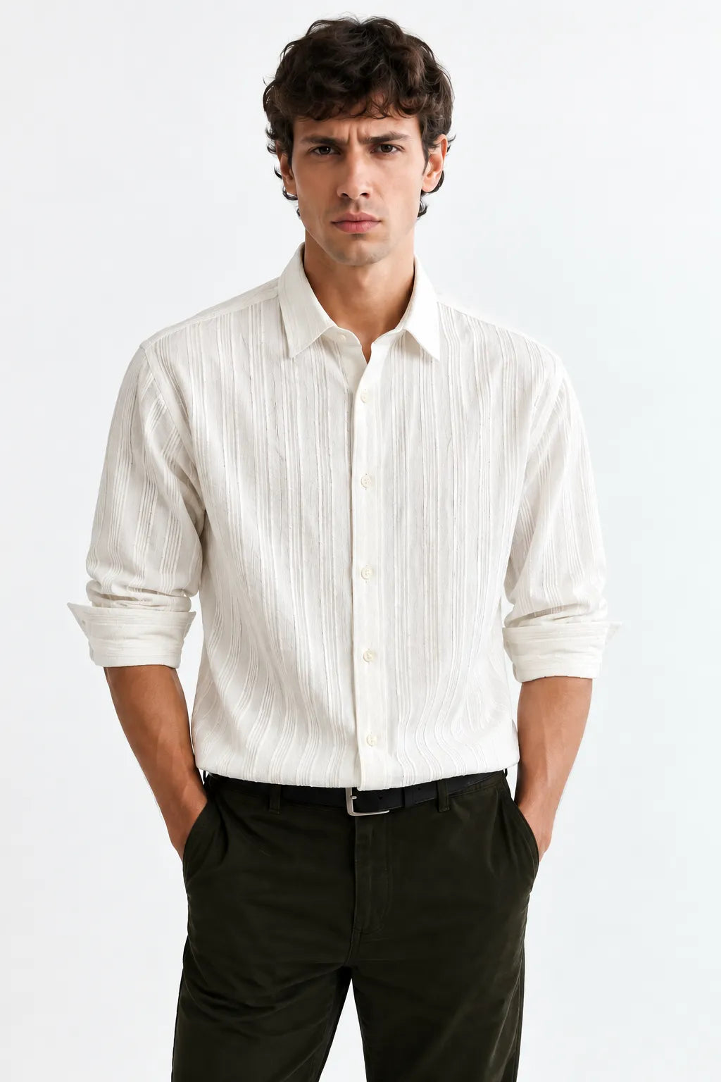 Men’s White Textured Full-Sleeve Shirt