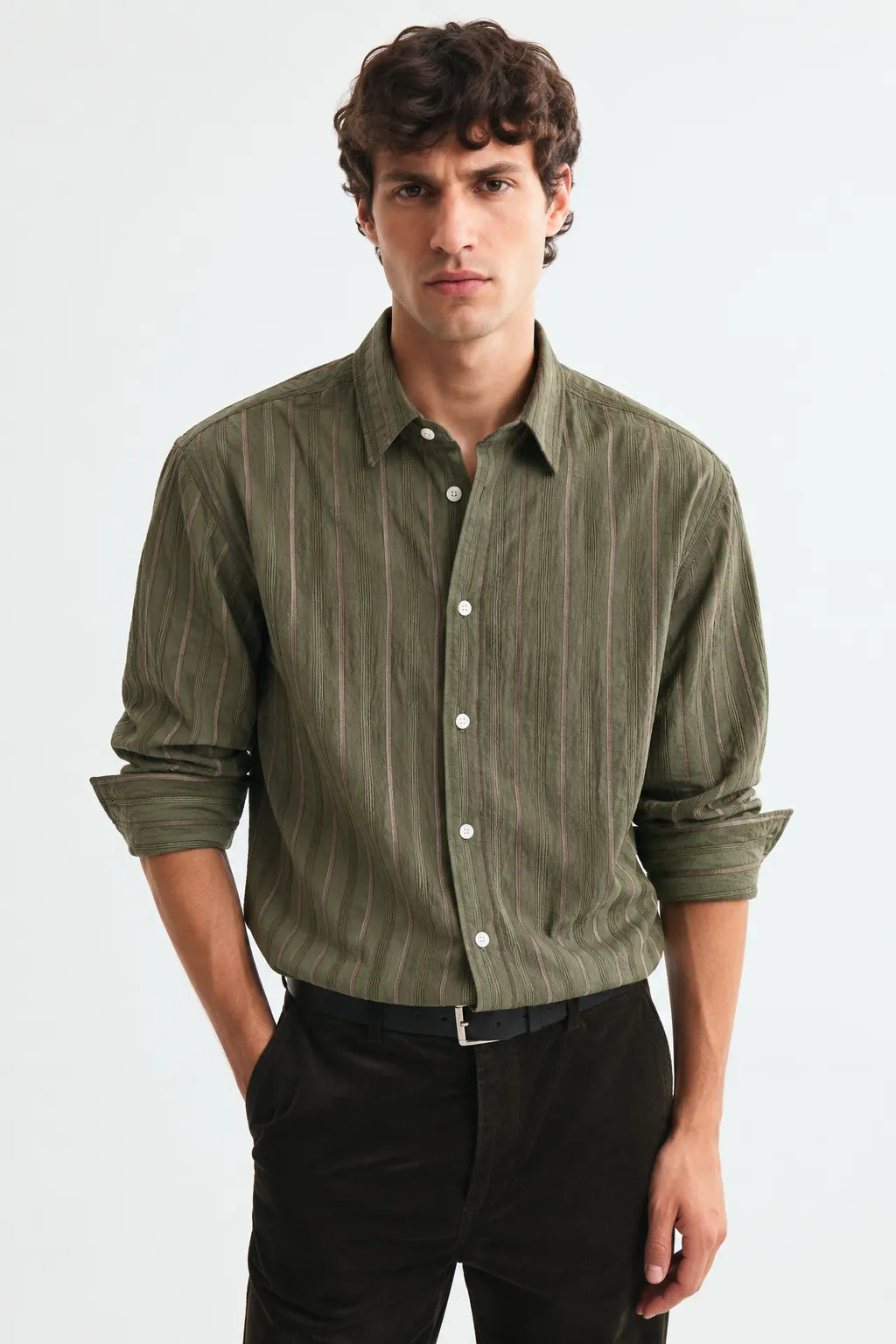 Olive Green Textured Striped Modern Fit Shirt