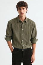 Olive Green Textured Striped Modern Fit Shirt