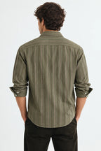 Olive Green Textured Striped Modern Fit Shirt