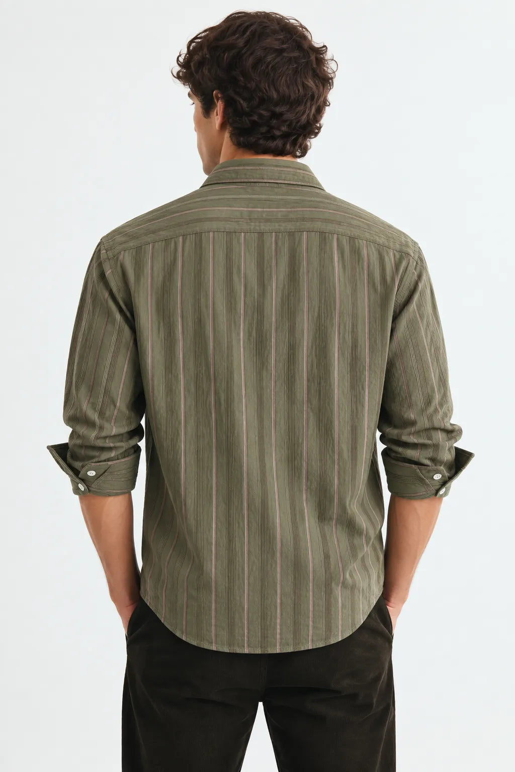Olive Green Textured Striped Modern Fit Shirt