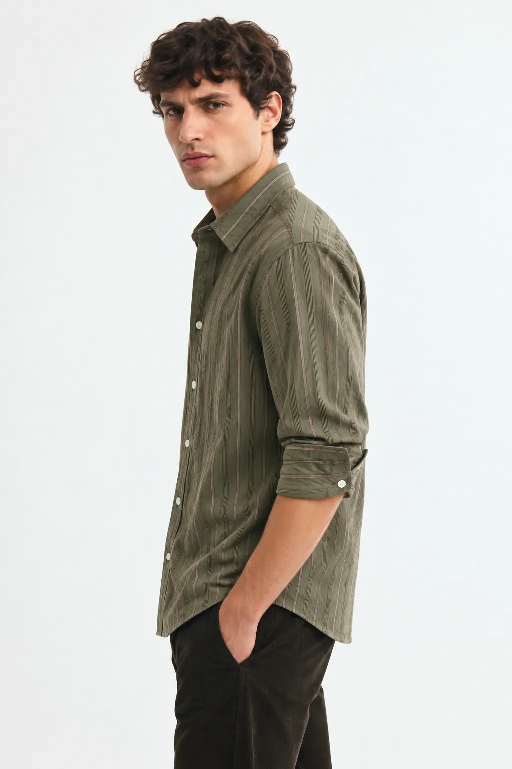 Olive Green Textured Striped Modern Fit Shirt
