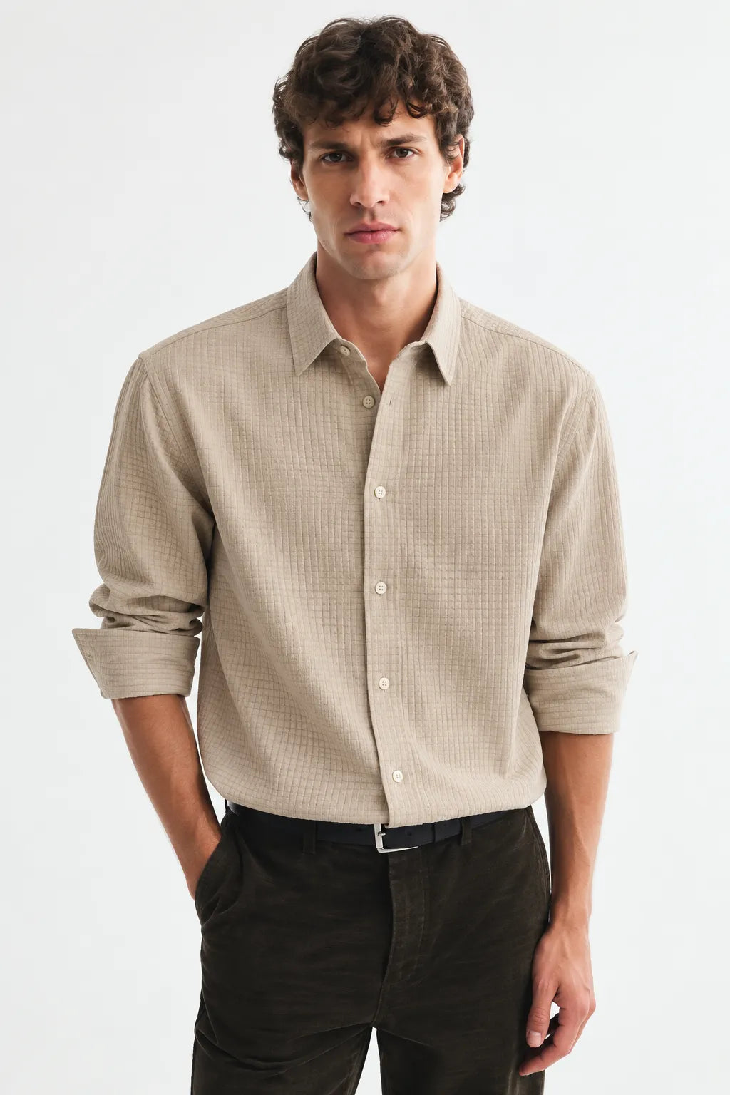 Beige Textured Modern Fit Shirt