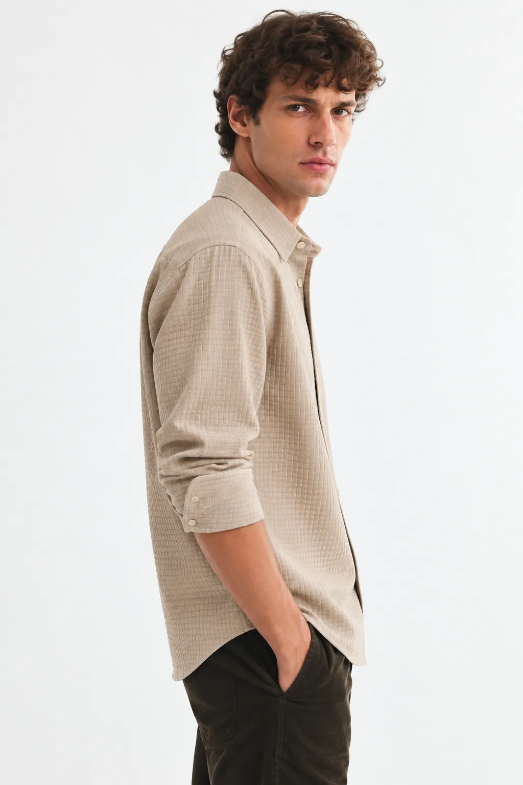 Beige Textured Modern Fit Shirt