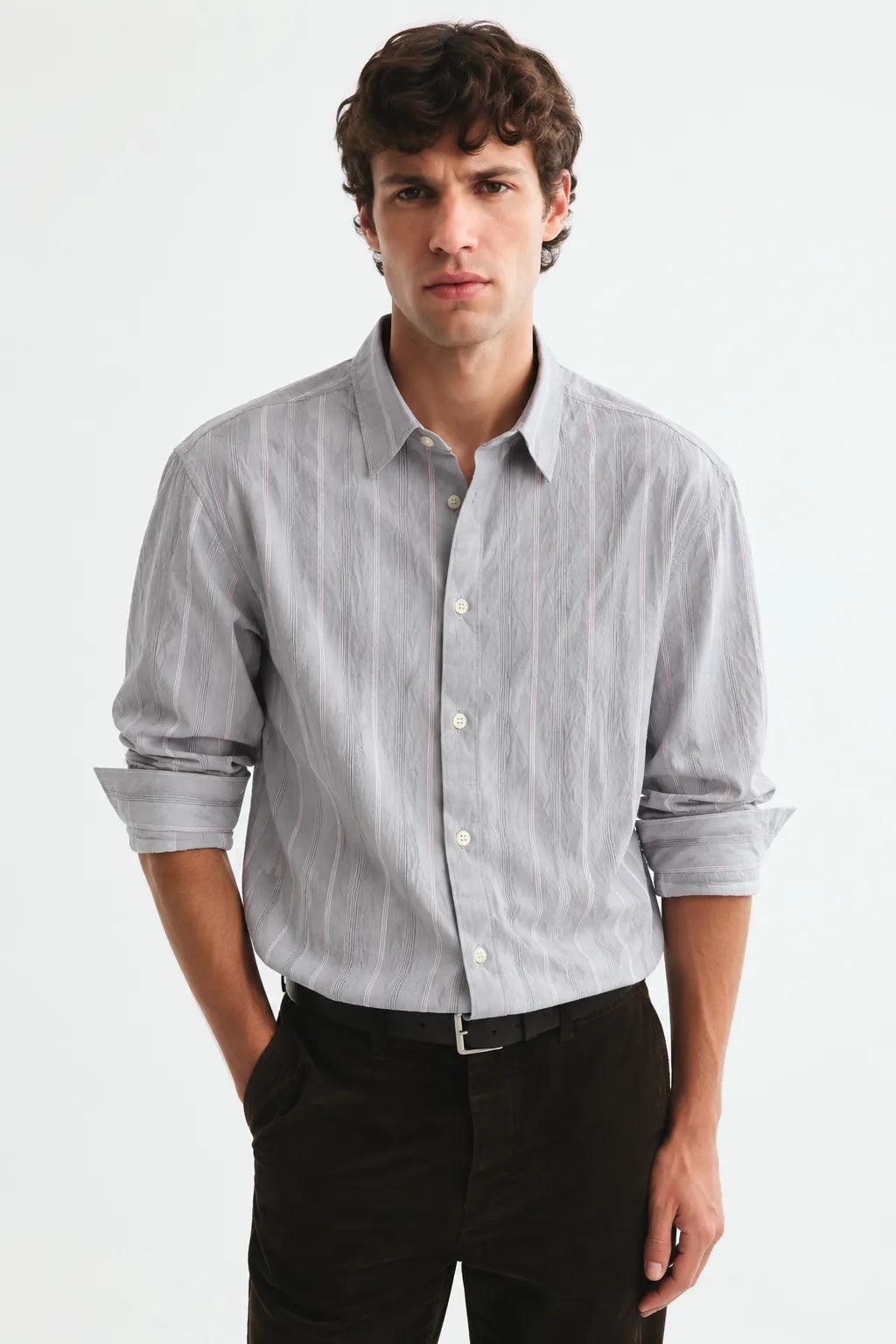 Grey Textured Striped Modern Fit Shirt