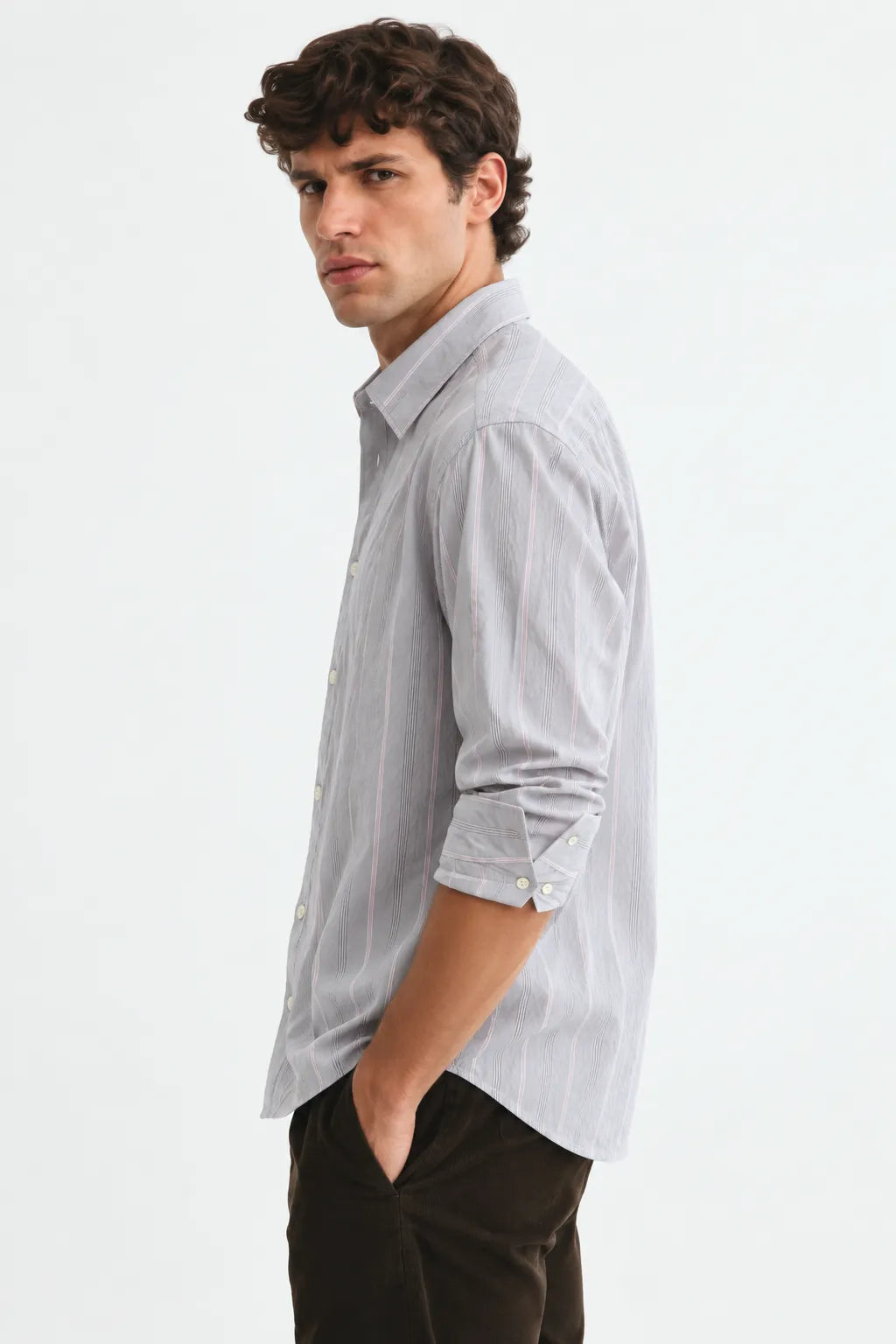 Grey Textured Striped Modern Fit Shirt