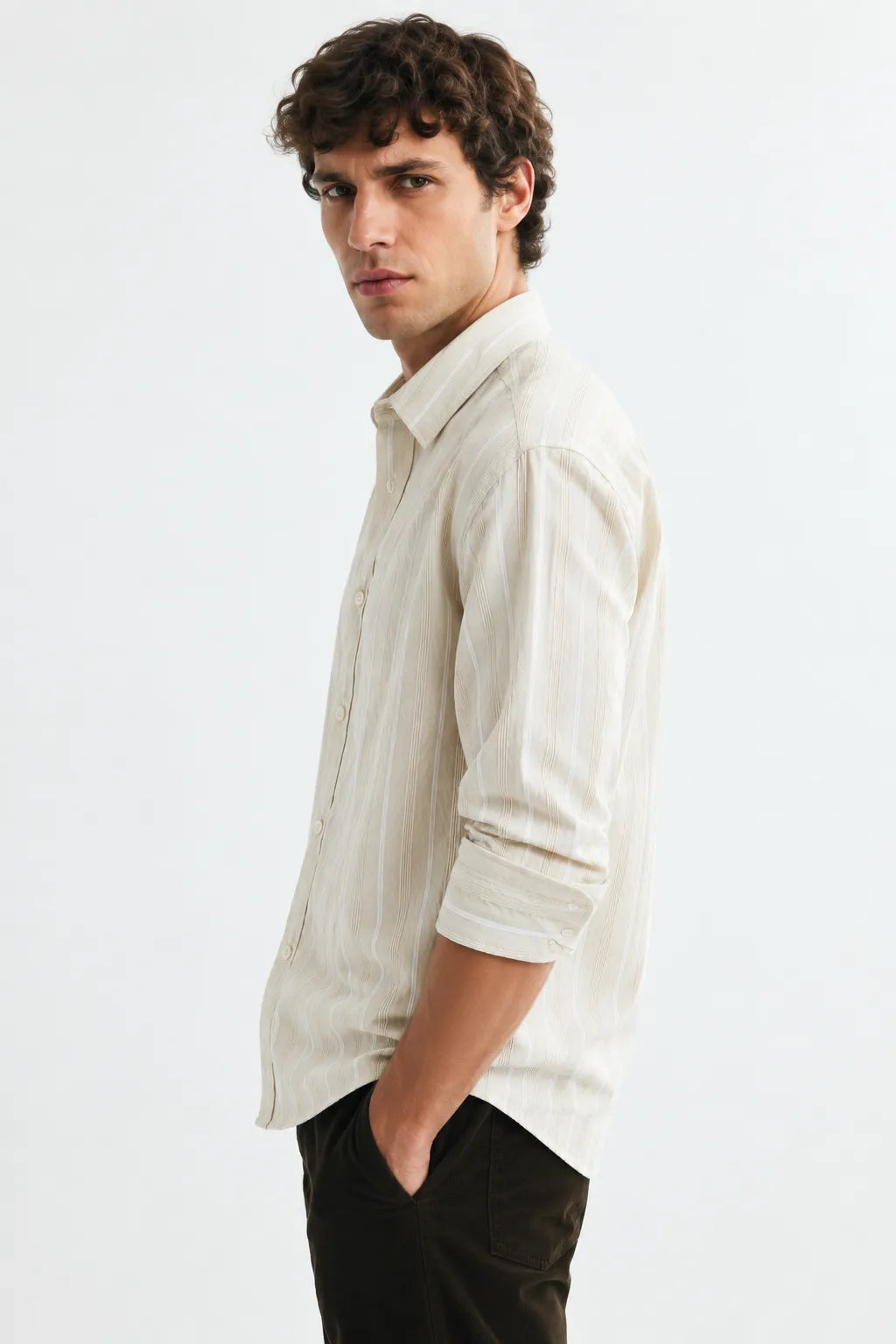 Cream Striped Modern Fit Shirt