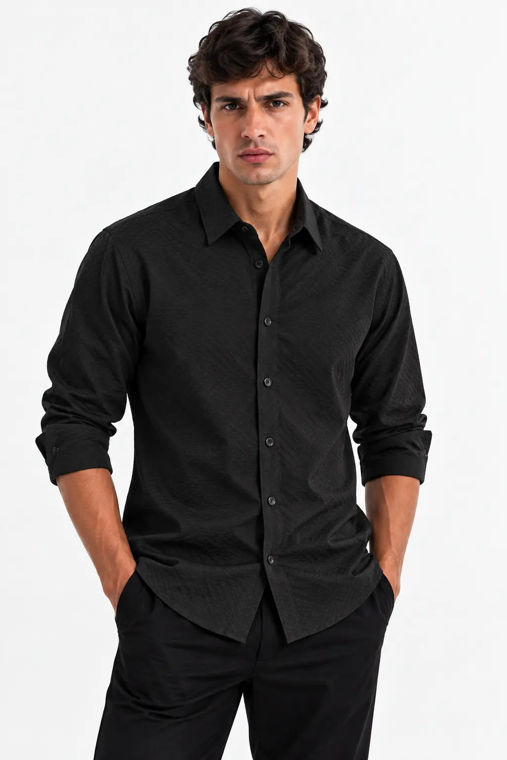 Black Textured Modern Fit Shirt