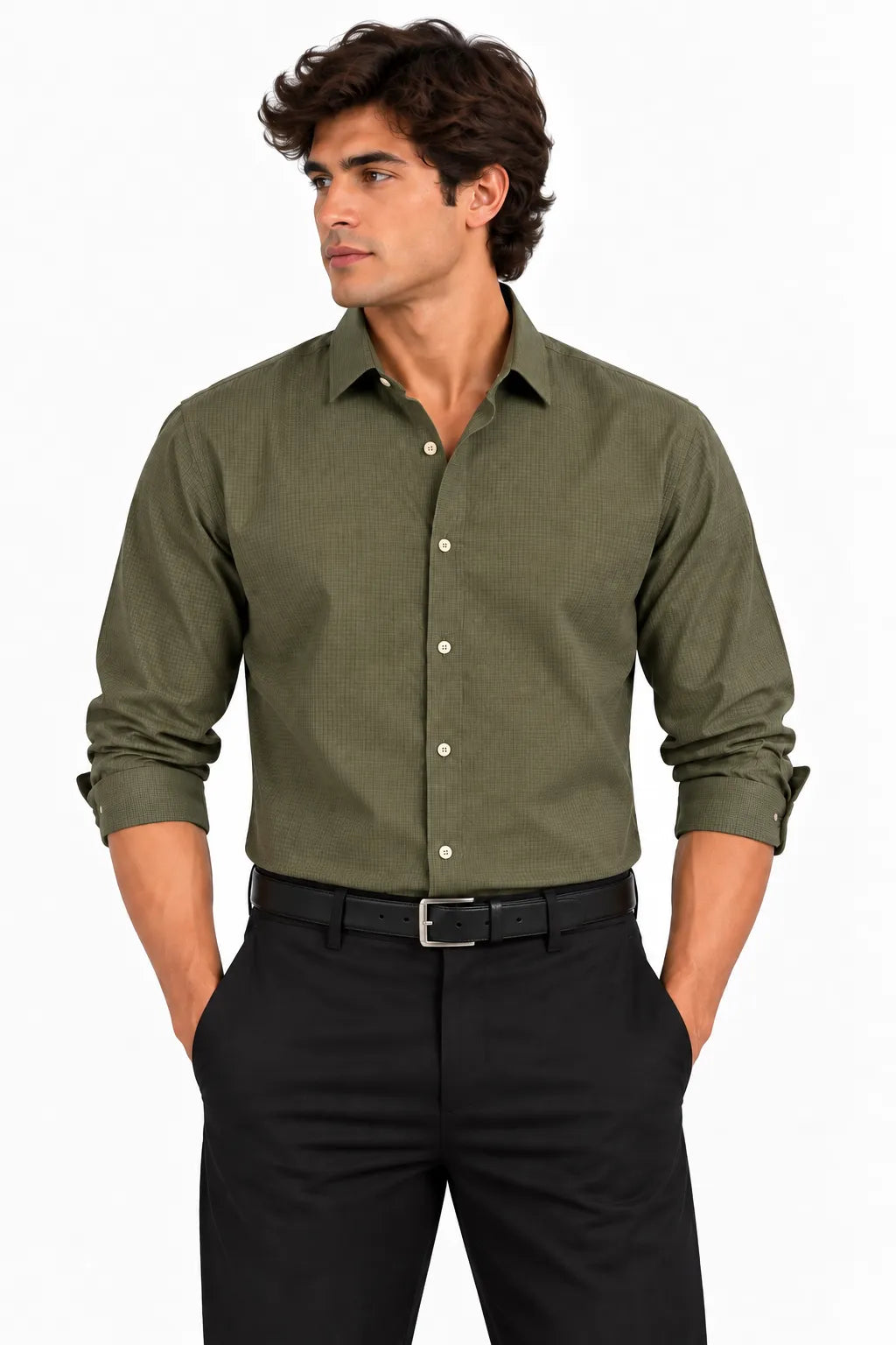 Olive Green Textured Modern Fit Shirt