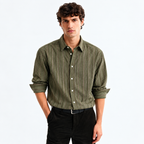 Olive Green Textured Striped Modern Fit Shirt