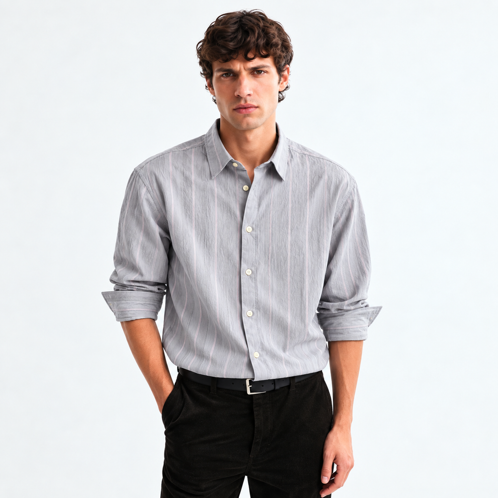 Grey Textured Striped Modern Fit Shirt
