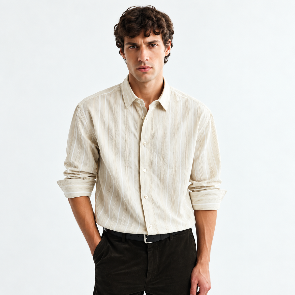 Cream Striped Modern Fit Shirt