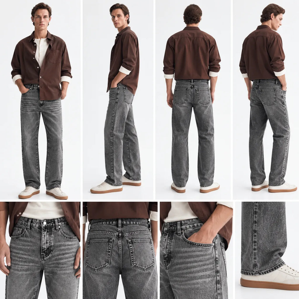 Grey Washed Straight-Fit Jeans